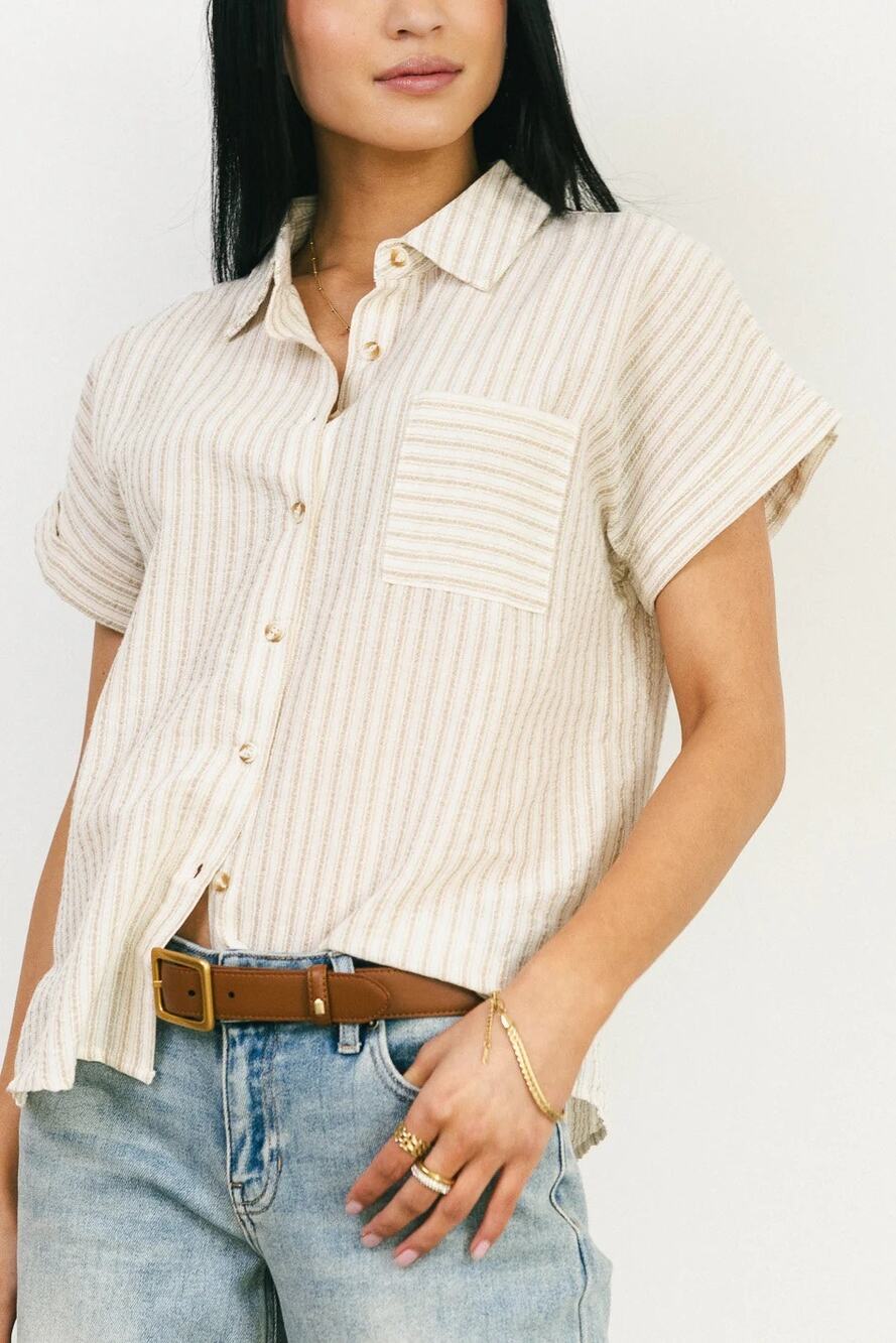BLU PEPPER Stripe Short Sleeve Button-Up Linen Shirt LARGE